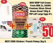 SASKO - Full Cream Fresh Milk 2L, Premium Slices Sliced Brown Bread 700g & Large Eggs 6's
