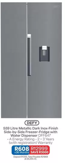 Defy - 559 Litre Metallic Dark Inox-Finish Side-by-Side Freezer-Fridge with Water Dispenser DFF647