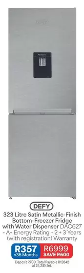 Defy - 323 Litre Satin Metallic-Finish Bottom-Freezer Fridge with Water Dispenser DAC627