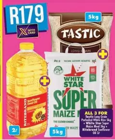 Tastic - Long Grain Parboiled White Rice 5kg, White Star Super Maize Meal 5kg, Ritebrand Sunflower Oil 2l