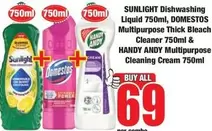 Sunlight - Dishwashing Liquid, Multipurpose Thick Bleach Cleaner & Multipurpose Cleaning Cream