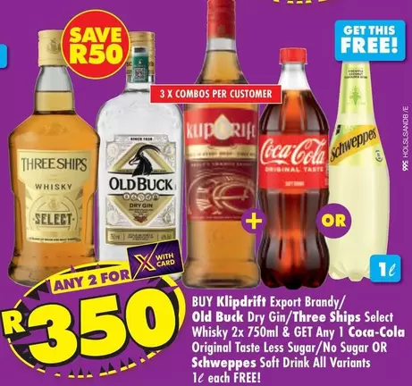 Three Ships - Klipdrift Export Brandy / Old Buck Dry Gin /  Select Whisky