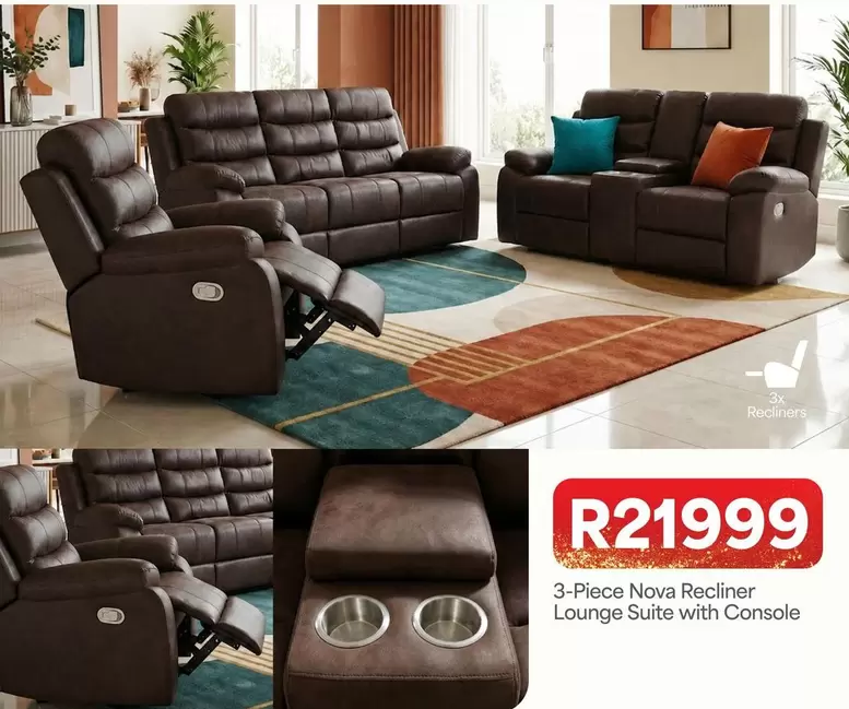 3-Piece Nova Recliner Lounge Suite with Console