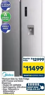 Titanium Side-by-Side Fridge with Freezer and Water Dispenser - Model: HC-689WEN