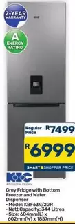 KIC - Grey Fridge with Bottom Freezer and Water Dispenser - Model: KBF639/2GR