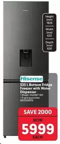 Hisense - 323 L Bottom Fridge Freezer with Water Dispenser