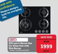 Defy - 600 mm 4-Burner Gas On-Glass Hob with Wok Burner - Model: DHG-604 (467287)