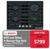 Bosch - 600 mm Glass 4-Burner Gas Hob (PPP6A6B/40Z)