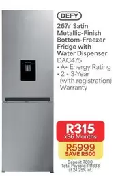 Defy - 267l Satin Metallic-Finish Bottom-Freezer Fridge with Water Dispenser DAC475