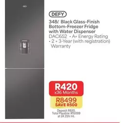 Defy - 348l Black Glass-Finish Bottom-Freezer Fridge with Water Dispenser DAC652