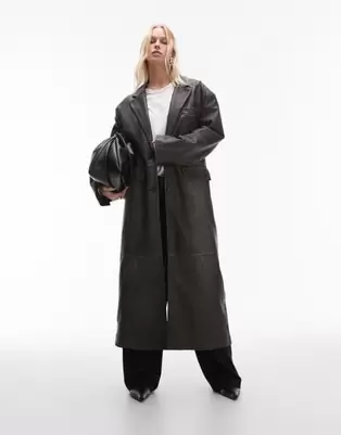 Topshop premium real leather coat in washed black