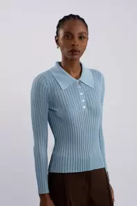 Rib Knit Polo Shirt - Blue