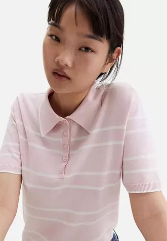 Fine-knit polo shirt - light pink striped