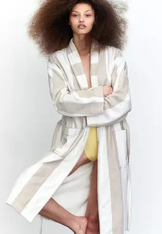 Striped cotton terry dressing gown - light dusty mole striped