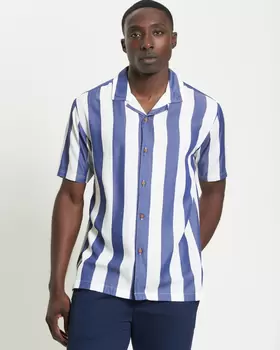 Short Sleeve Viscose Stripe Shirt in Royal
