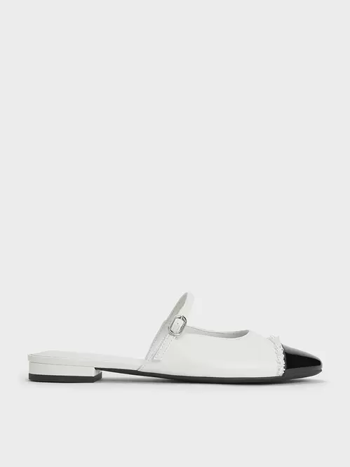 Pearl-Embellished Cap-Toe Flat Mules  - white