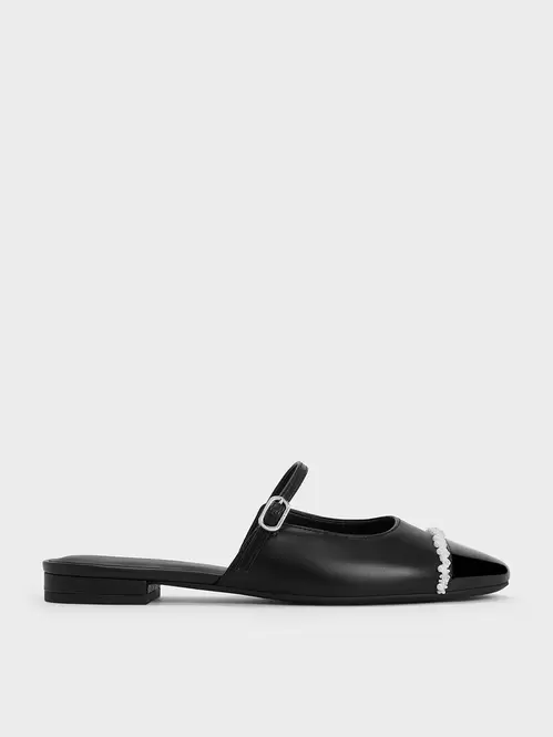 Pearl-Embellished Cap-Toe Flat Mules  - black