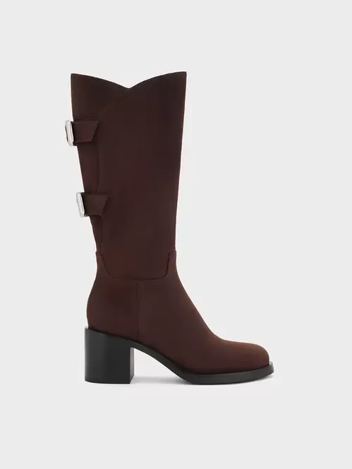 Masei Faux Suede Grommet-Strap Knee-High Boots  - dark brown
