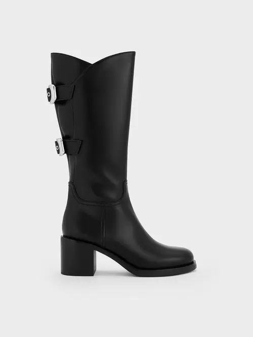 Masei Grommet-Strap Knee-High Boots  - black