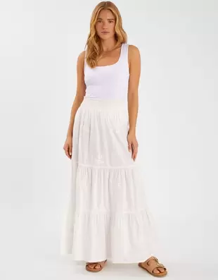 Floral Embroidered Tiered Maxi Skirt White