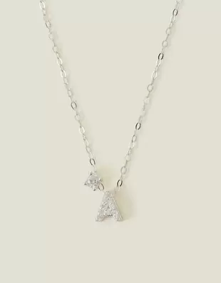 Sterling Silver-Plated Diamante Initial Pendant Necklace Silver