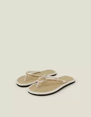Beaded Seagrass Flip Flops Cream