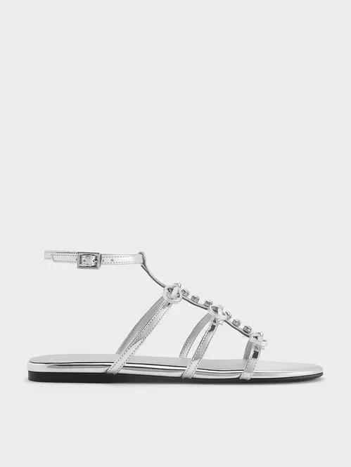 Metallic Gem-Embellished Bow T-Bar Sandals  - silver
