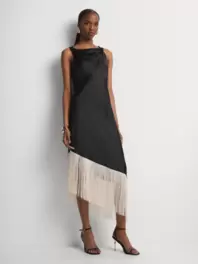 Draped Asymmetrical Fringe Hem Column Dress