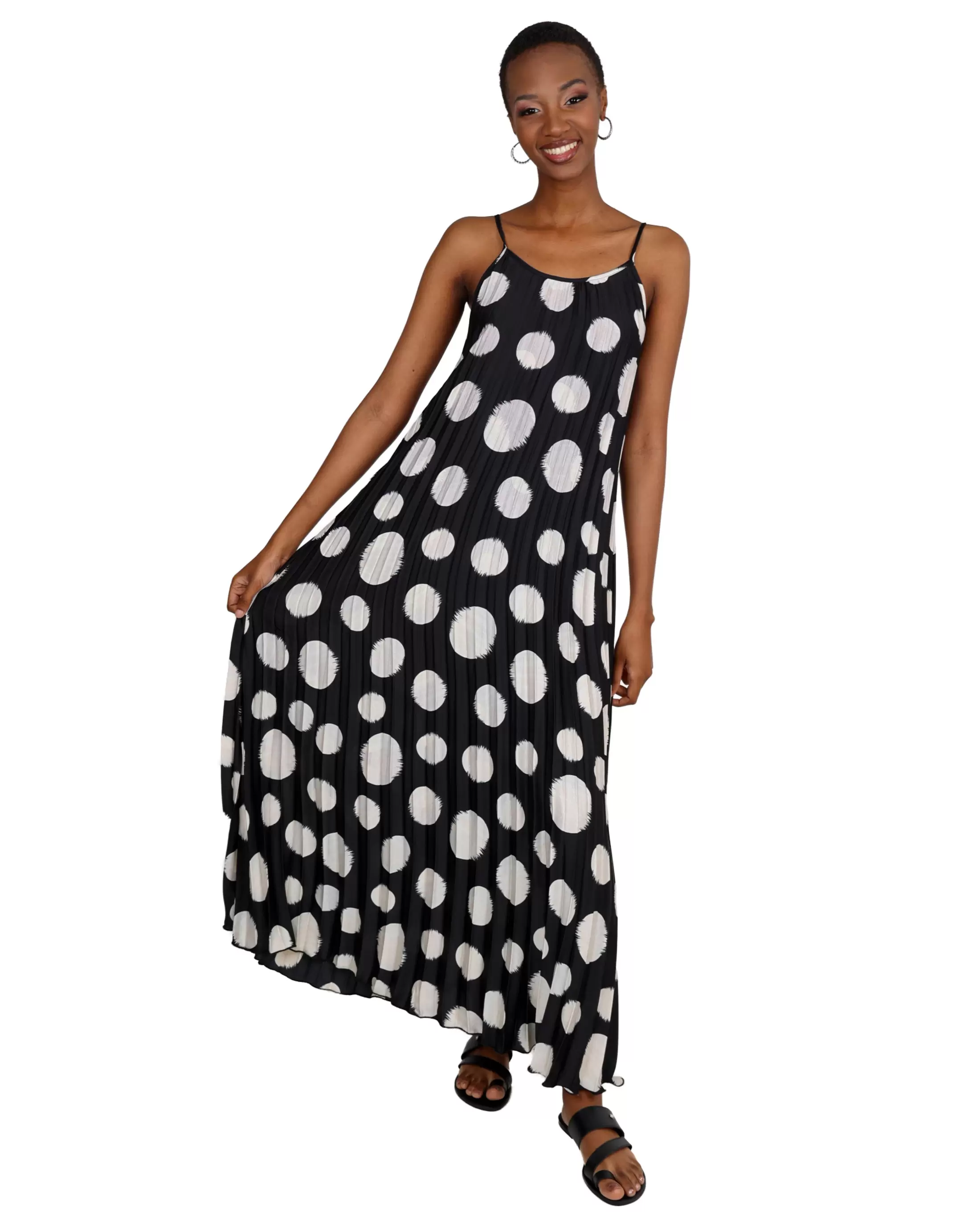 Strappy Polka Dot Pleated Maxi Dress