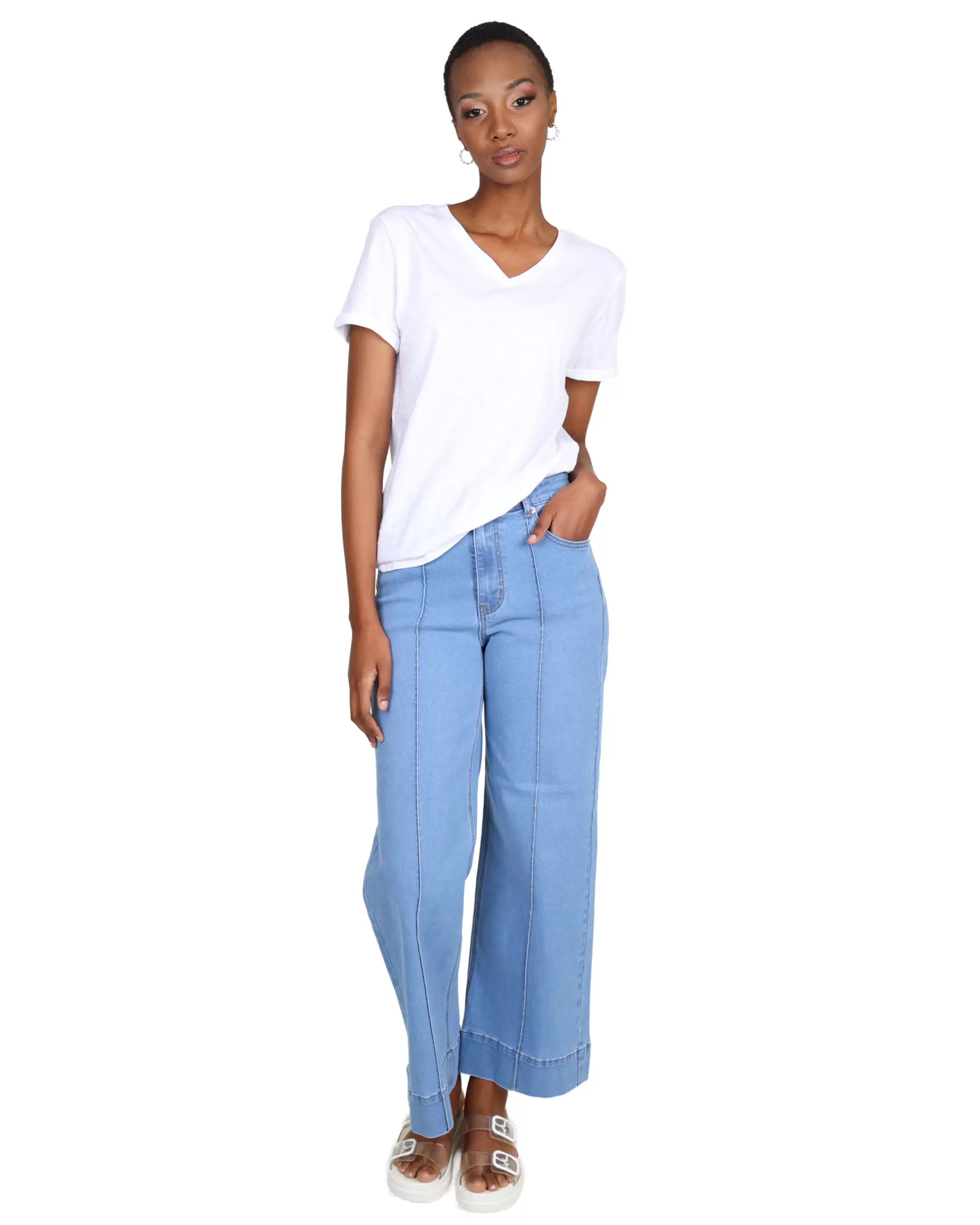 Light Indigo Pintuck Wide Leg Denim Jeans