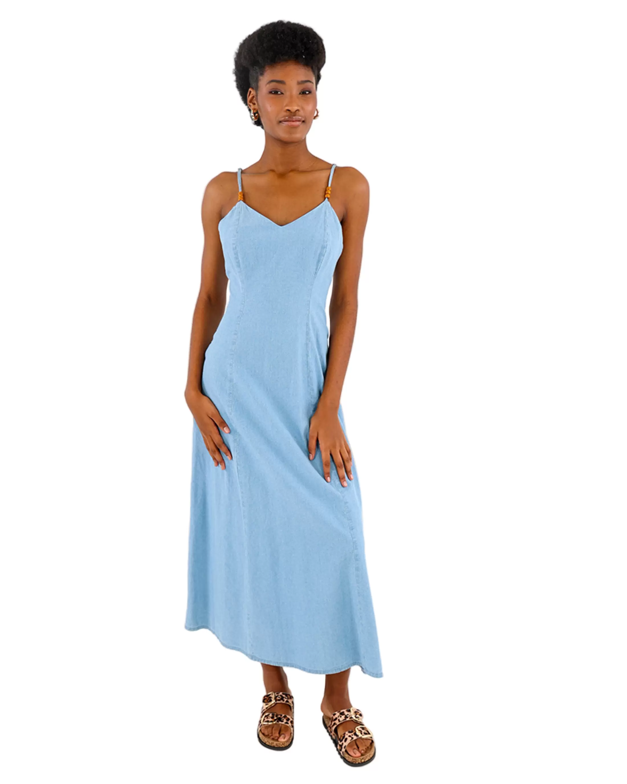 Beaded Strappy Cotton Midi Dress