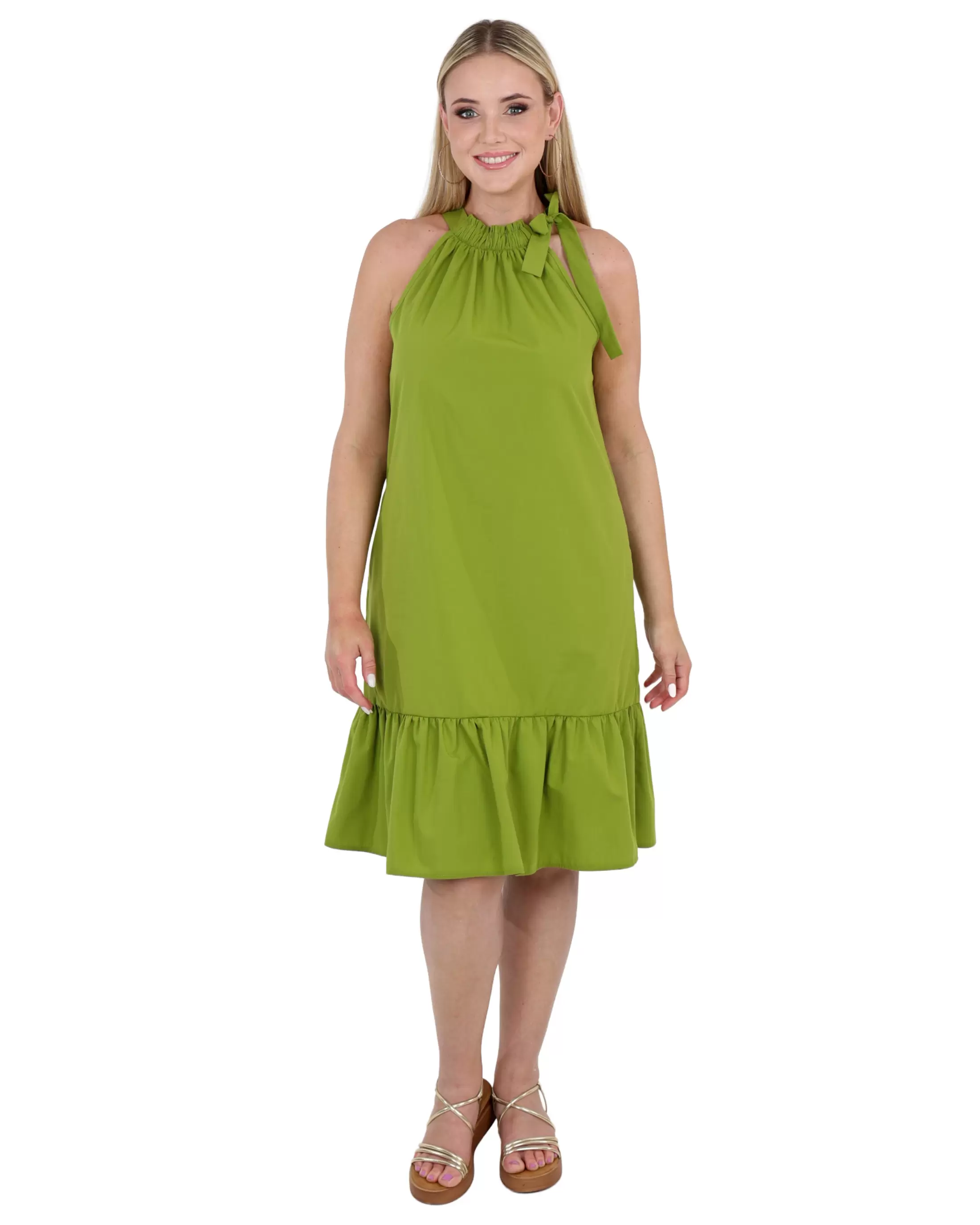 Green Sleeveless Frilled Halterneck Dress