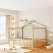 Merax Full Size Wooden House Bed with Fence, Wood Bed Frame with Roof and Safety Guardrail for Kids, Teens, Boys or Girls, Natural
