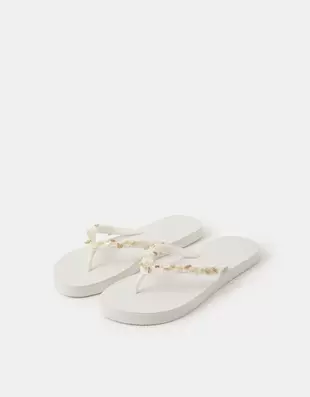 Bead Embellished Flip Flops White