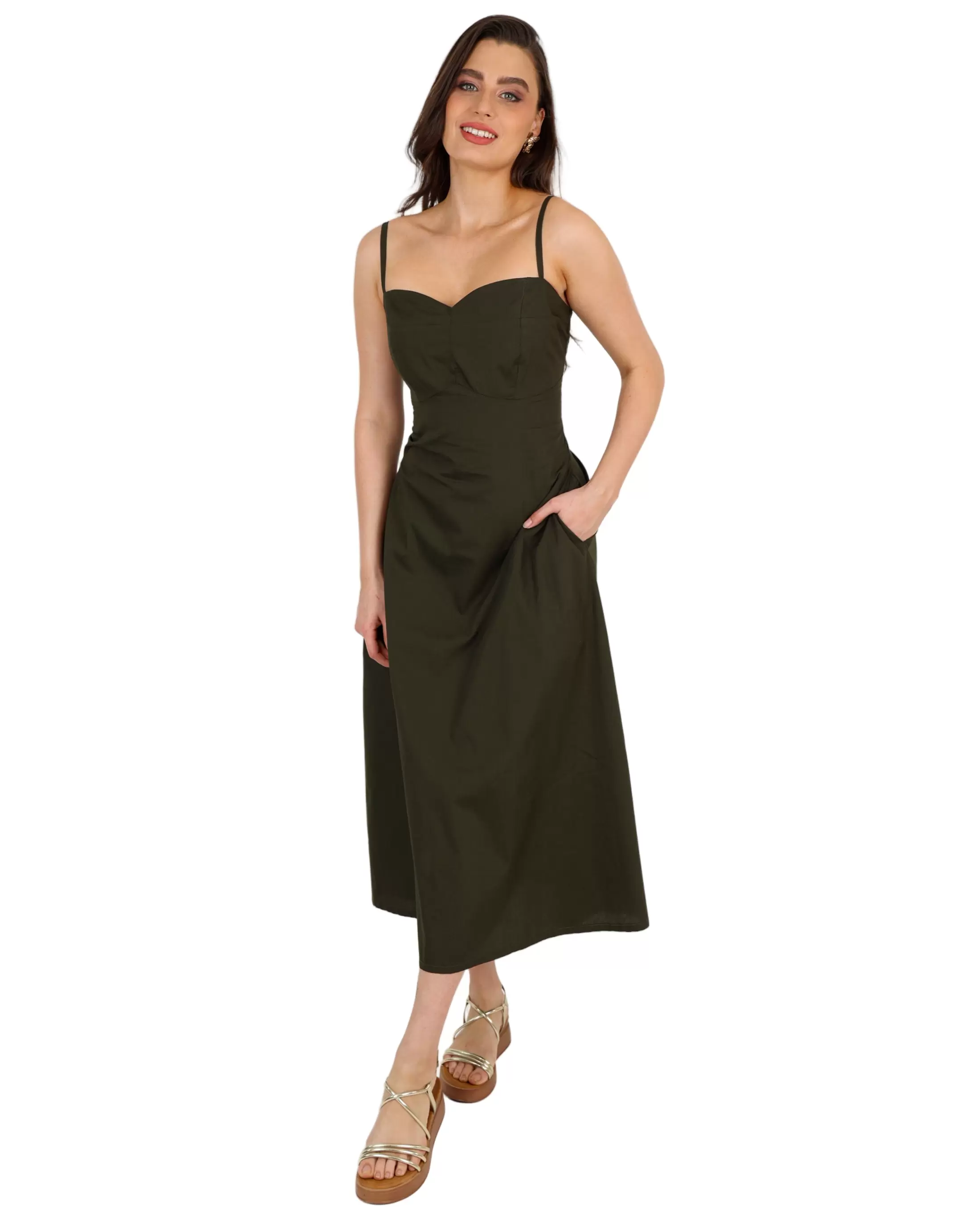 Back Lace Up Midi Cotton Flared Dress