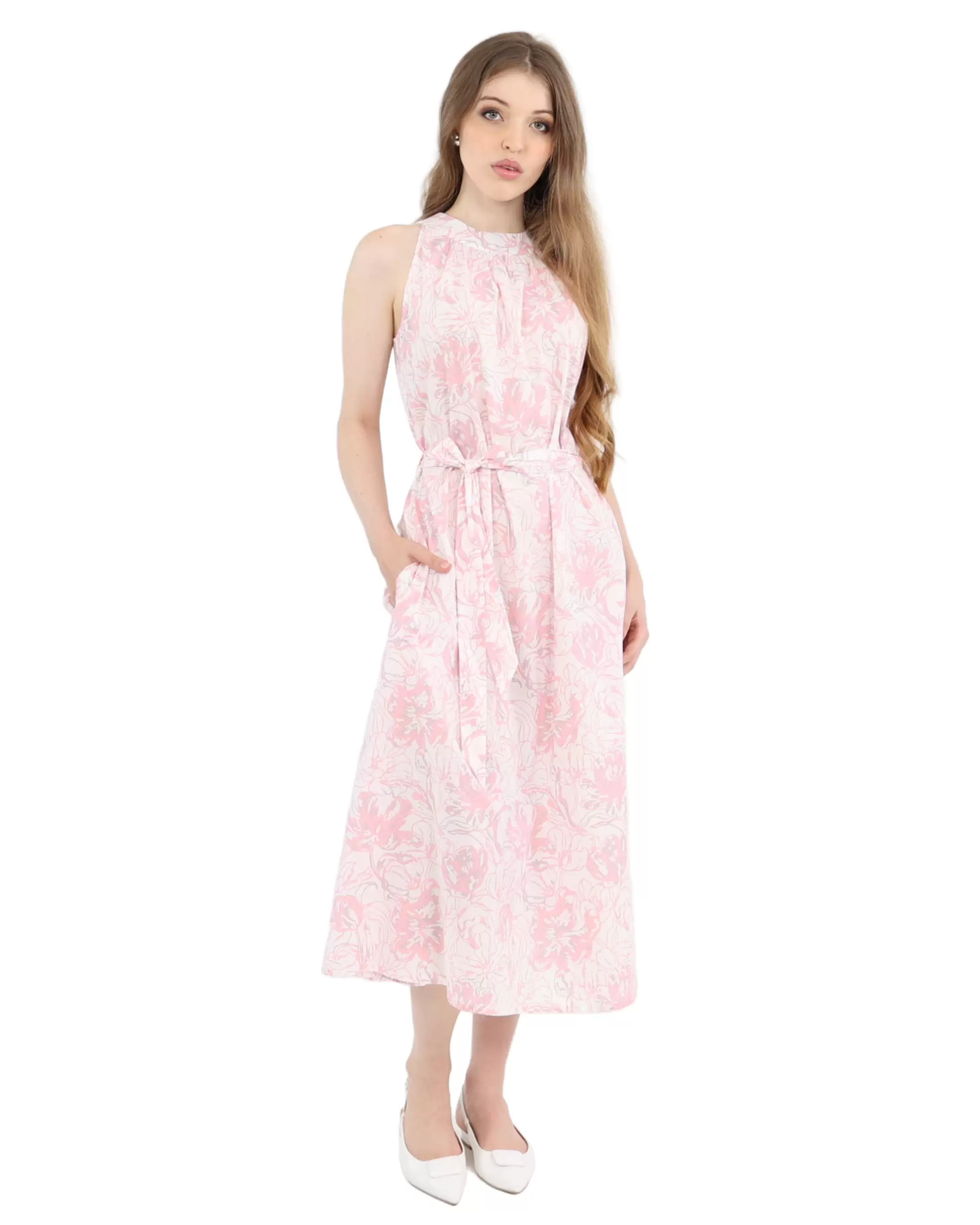 Halter Neck Blush Bloom Midi Cotton Dress