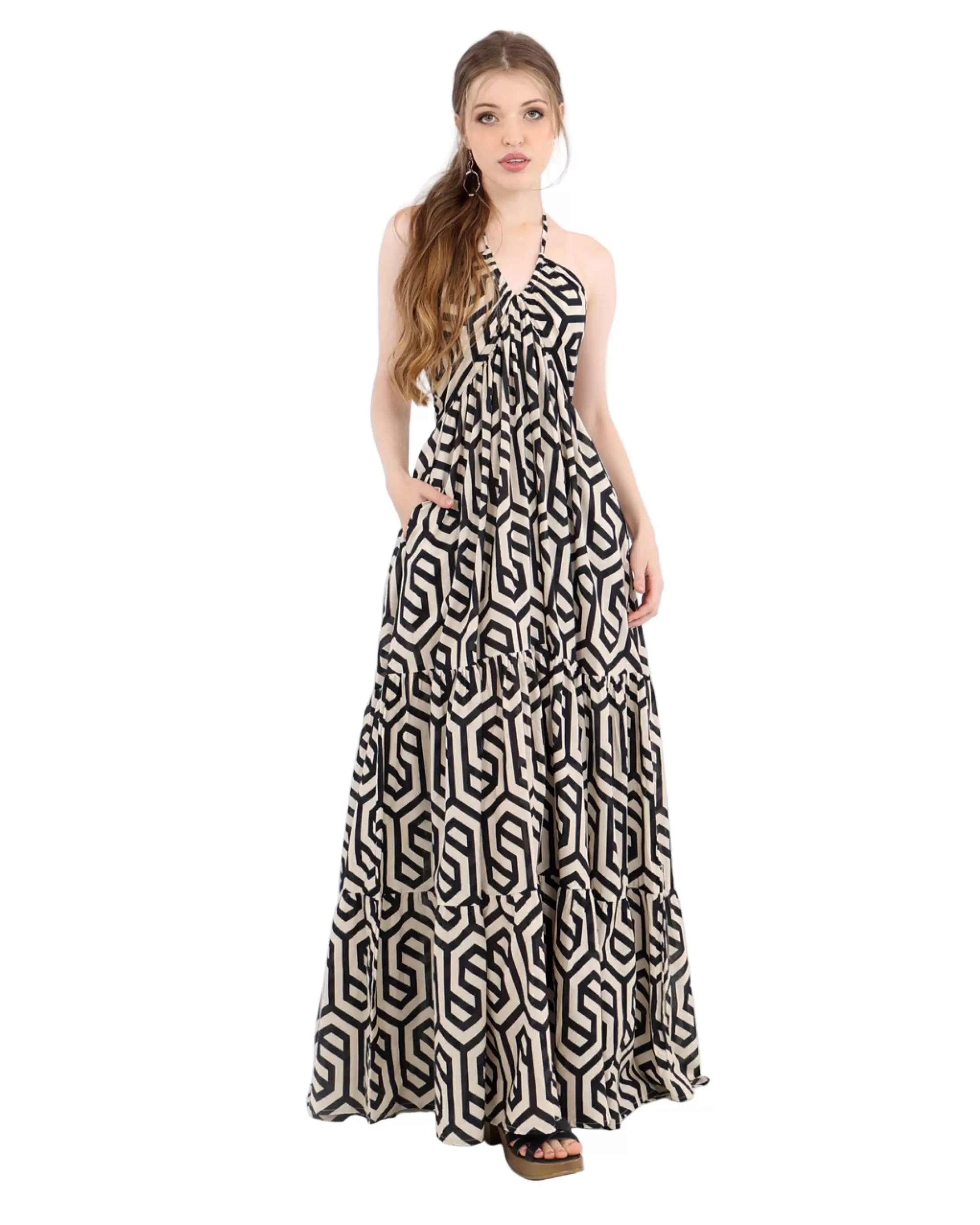 Elena Cotton Geometric Tiered Maxi Dress