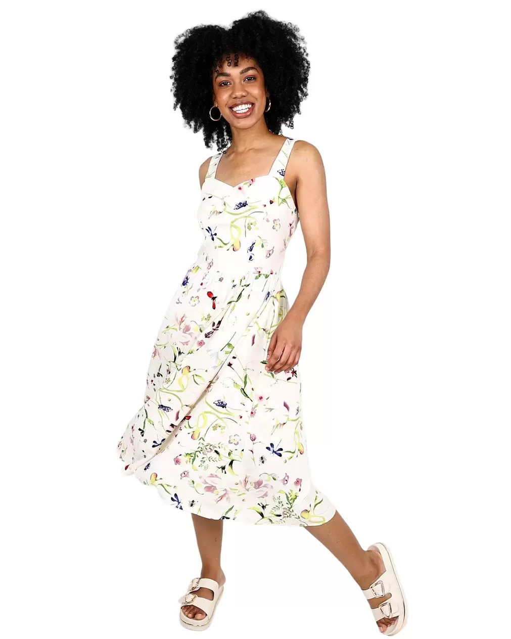 Strappy Floral Sweetheart Midi Dress With Pockets