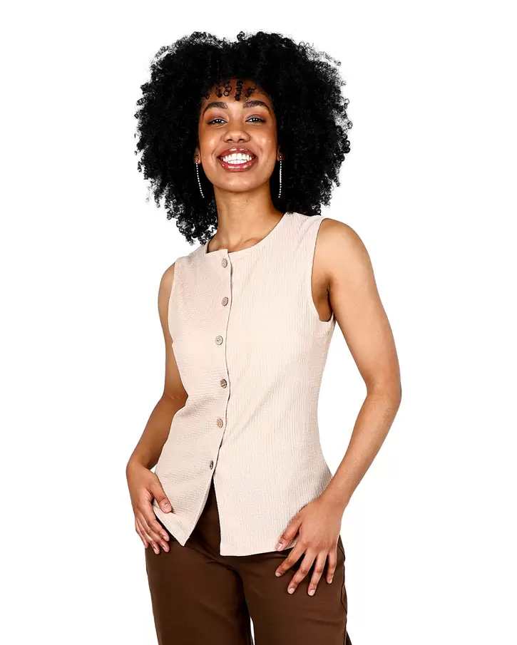 Sleeveless Beige Bubble Textured Button Up Top
