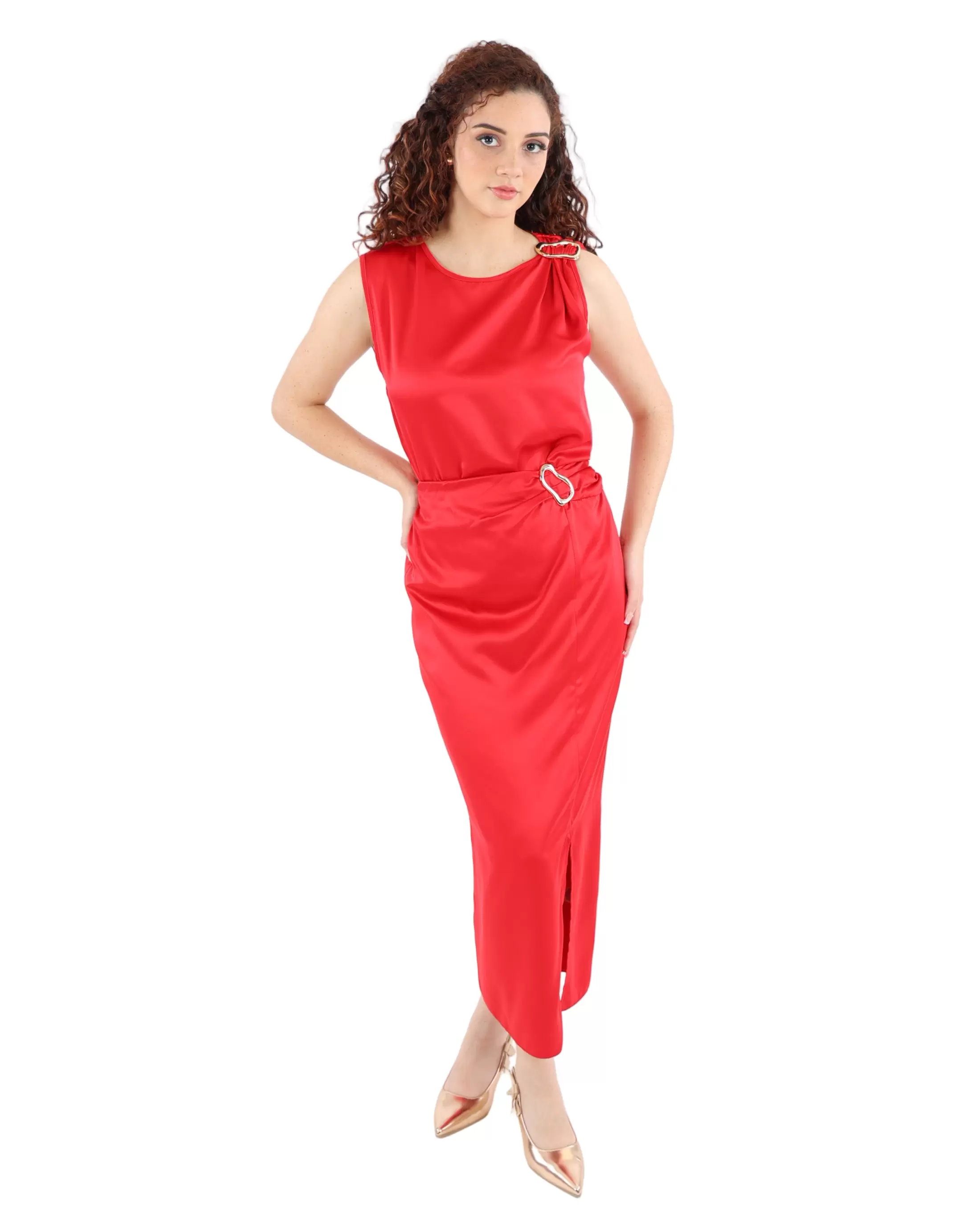 Red Satin Midi Skirt with Trim Detail