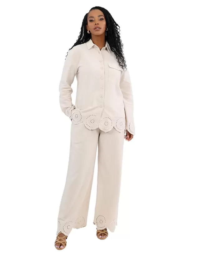Broderie Cut-Out Pants In A Cotton-Linen Blend