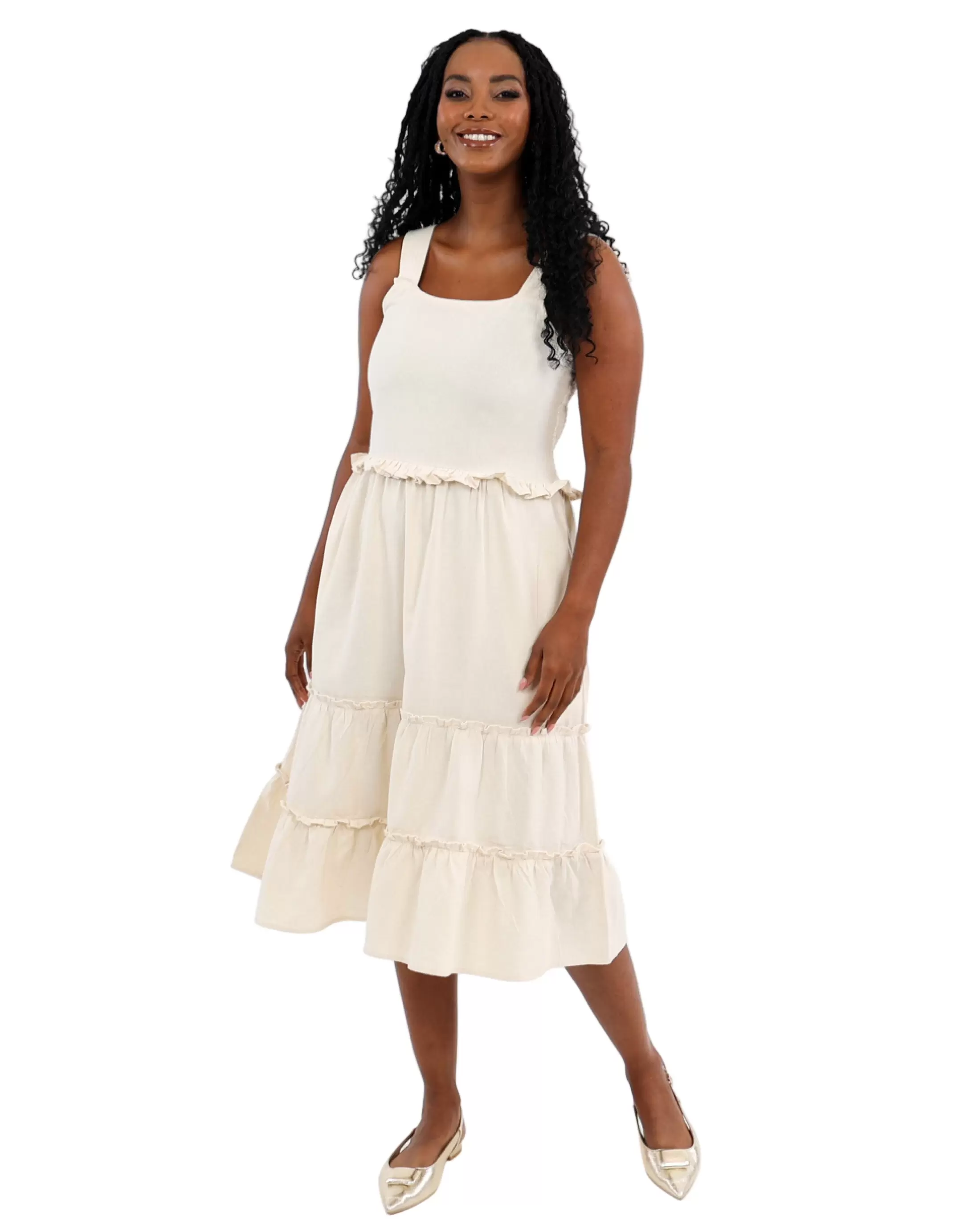 Strappy Cotton Linen Lily Tiered Midi Dress
