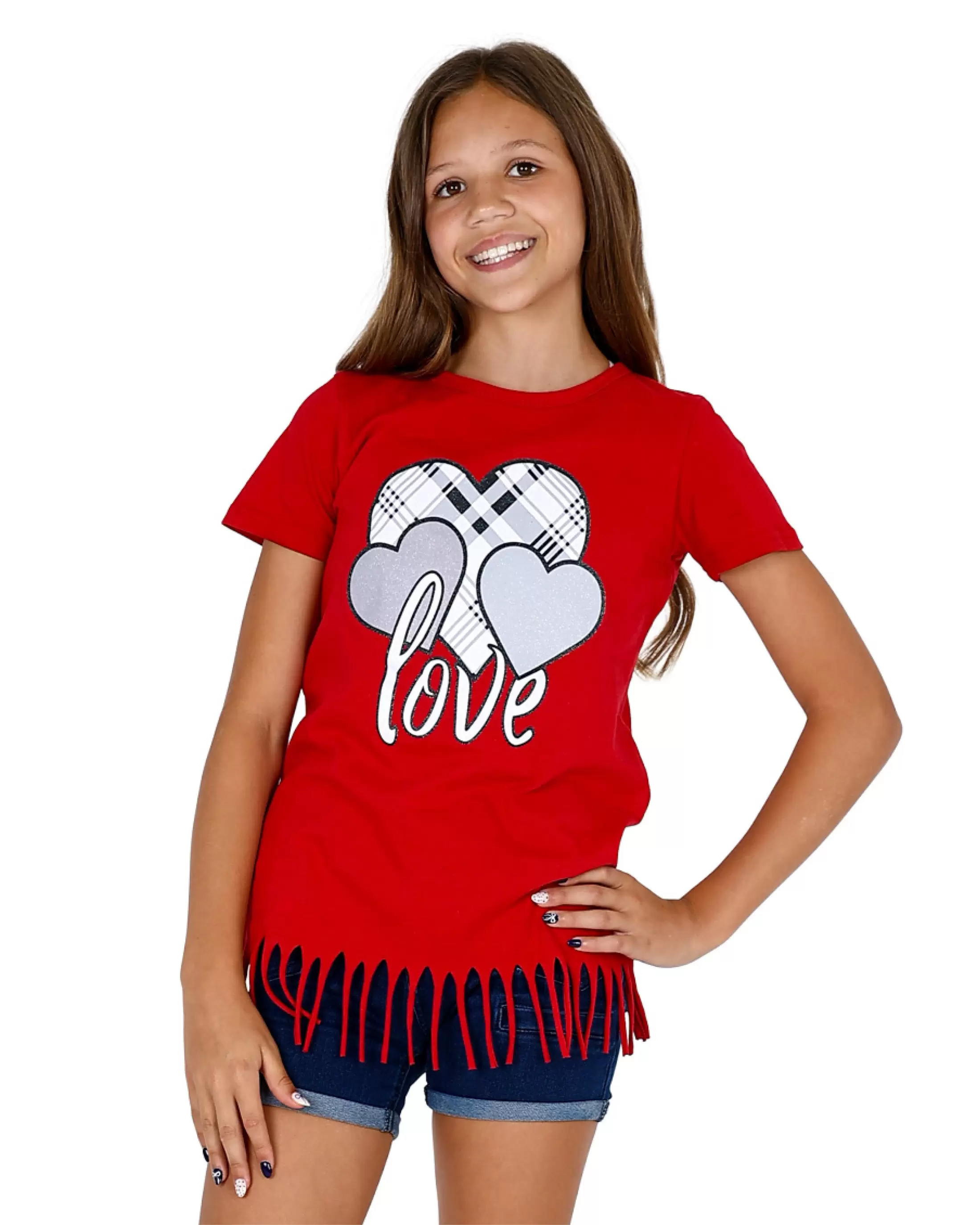 Short Sleeve Red Fringed Check Heart T-Shirt