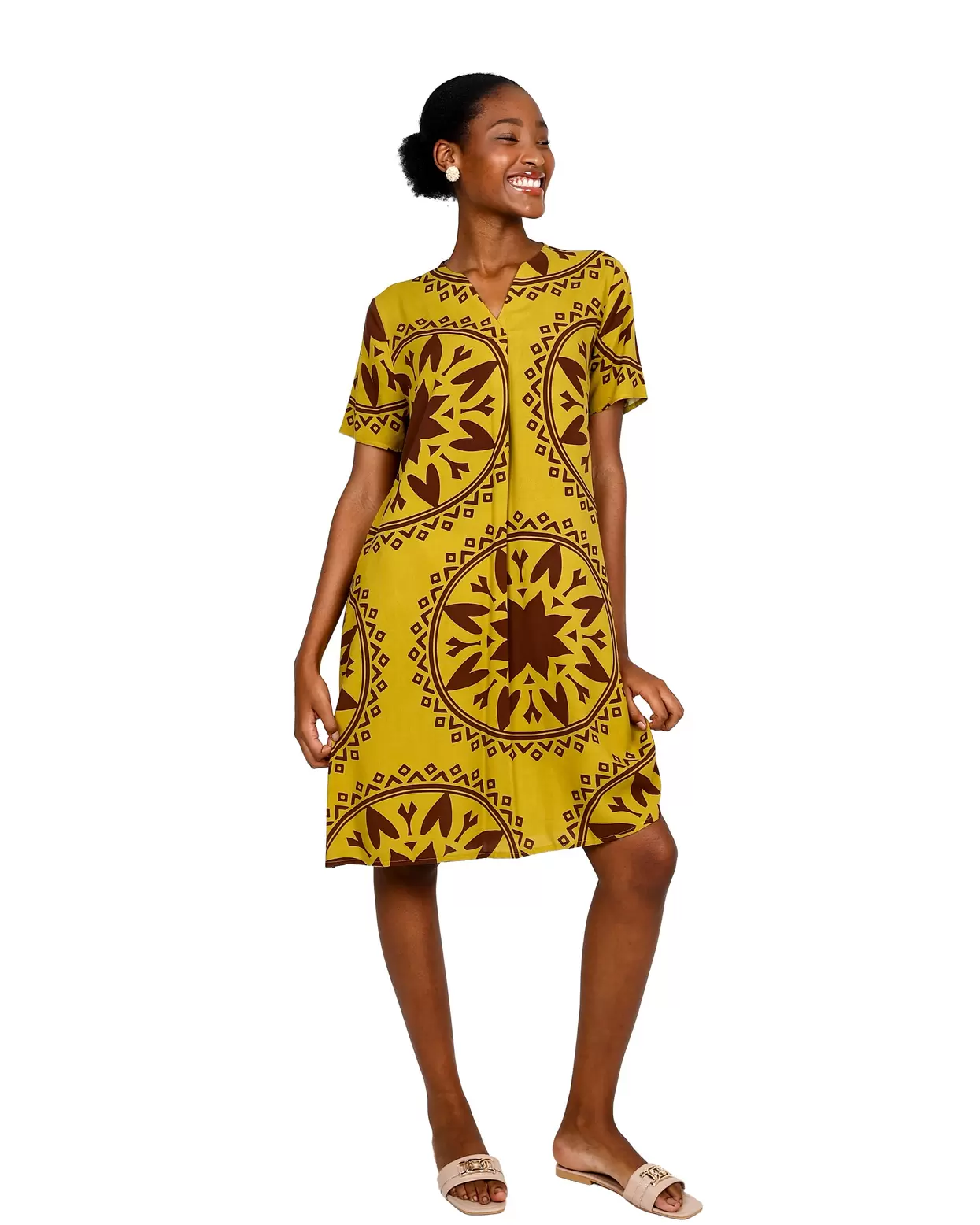 Mustard Short Sleeve Front Pleat Printed Shift Dress