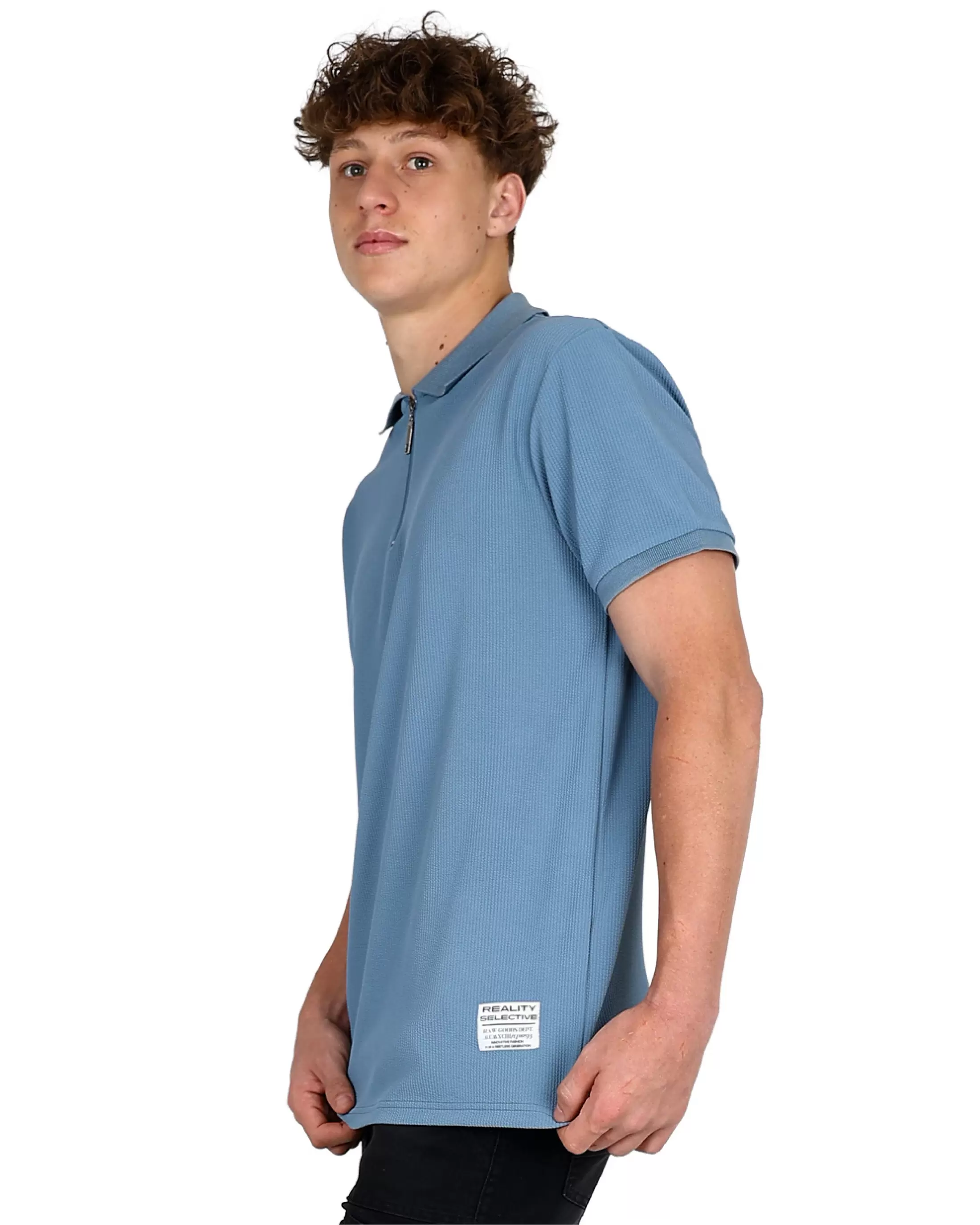 Blue Short Sleeve Textured Zip Up Golfer