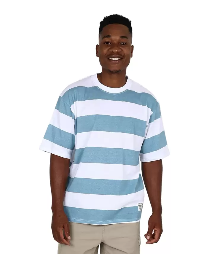 Short Sleeve Steel Blue Wide Stripe Cotton T-shirt