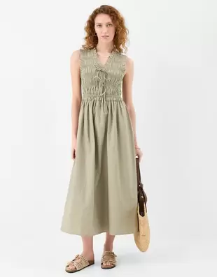 Tied Front Smocked Midi Dress Green