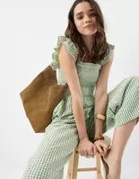 Gingham Print Frill Jumpsuit Green