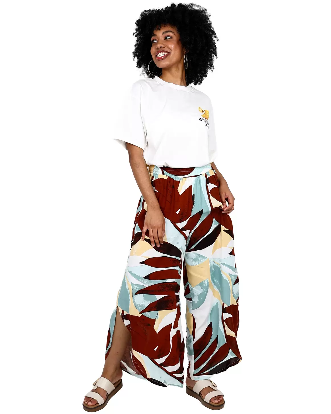 Brown Tropical Leaf Flair Pants