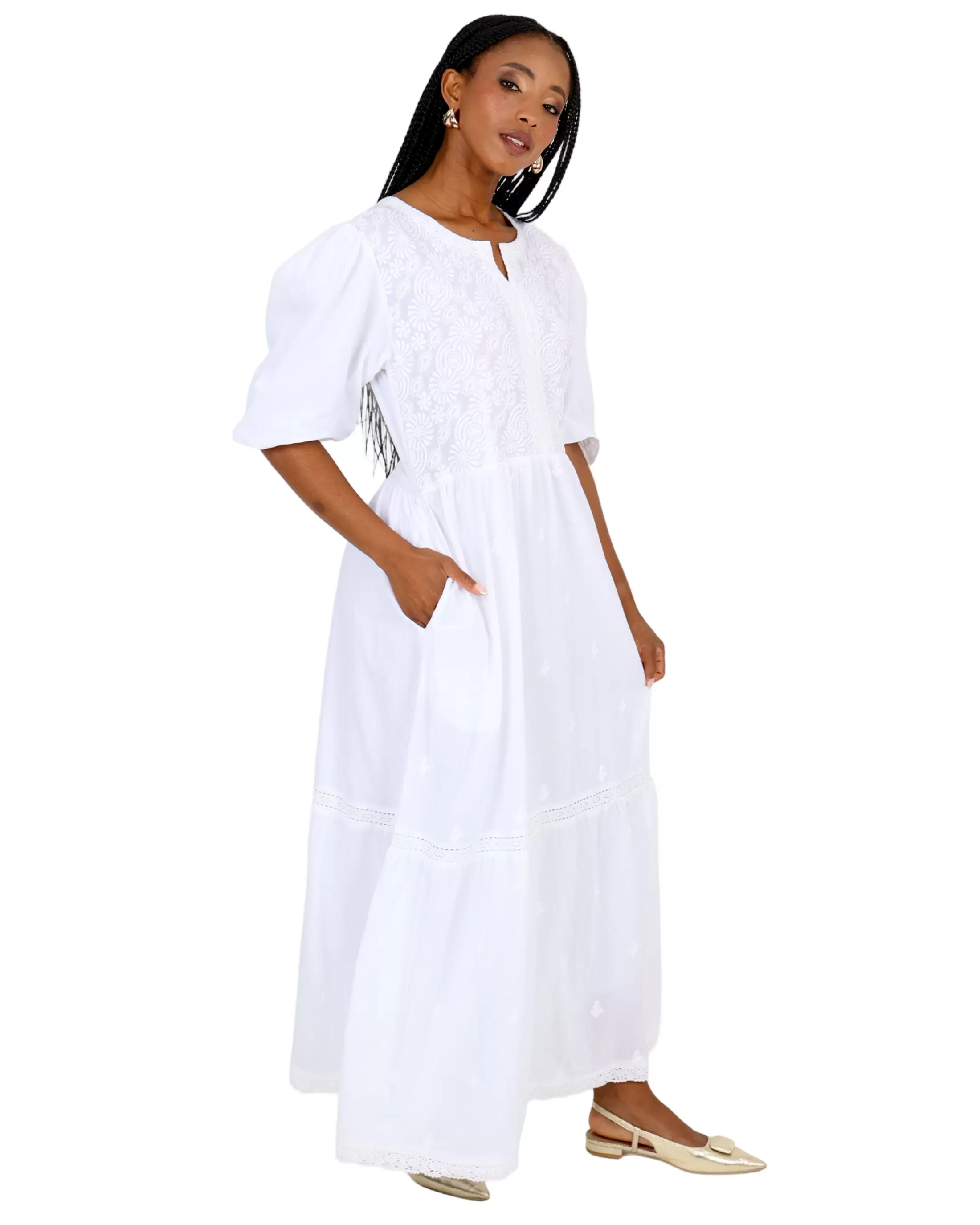 Whispering Lace Puff Sleeve Cotton Maxi Dress